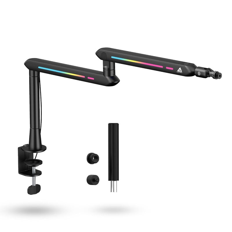 Audio Array AA-19BL RGB Low Profile Boomarm Stand with Riser | 71cm reach & 20 RGB lighting effects & Built-In Cable Management | Matte finish with Flexible adjustments | 2Kg Weight Capacity | Black - Image 1