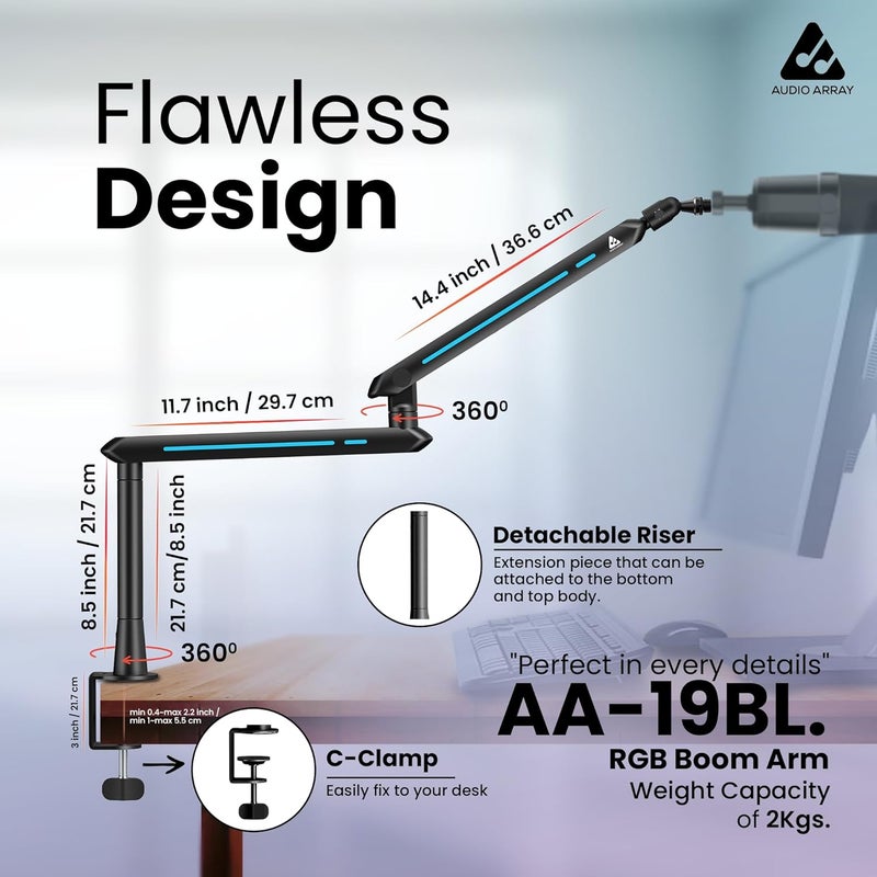 Audio Array AA-19BL RGB Low Profile Boomarm Stand with Riser | 71cm reach & 20 RGB lighting effects & Built-In Cable Management | Matte finish with Flexible adjustments | 2Kg Weight Capacity | Black - Image 4