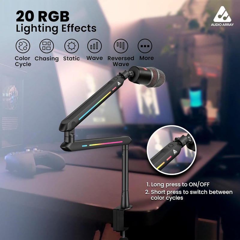 Audio Array AA-19BL RGB Low Profile Boomarm Stand with Riser | 71cm reach & 20 RGB lighting effects & Built-In Cable Management | Matte finish with Flexible adjustments | 2Kg Weight Capacity | Black - Image 5