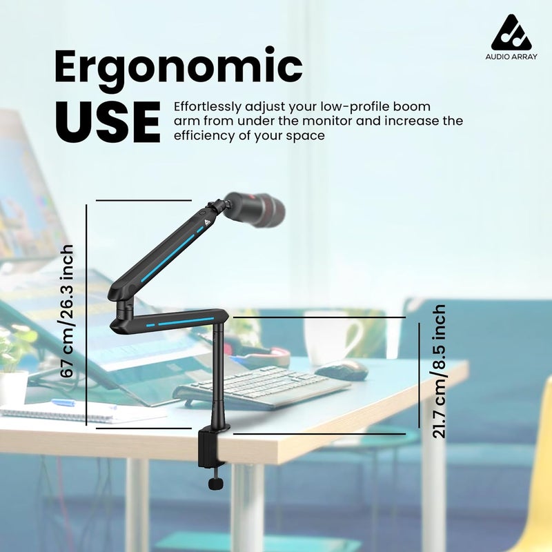 Audio Array AA-19BL RGB Low Profile Boomarm Stand with Riser | 71cm reach & 20 RGB lighting effects & Built-In Cable Management | Matte finish with Flexible adjustments | 2Kg Weight Capacity | Black - Image 2