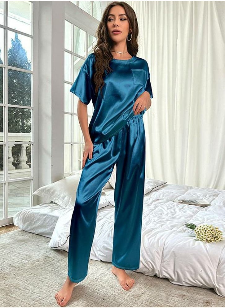Loquat - Women's Solid Color 2-Piece Set Nightgown Sleepwear Short Sleeve Top And Pants Soft Loungewear Pajamas  Suit Indigo Blue - Image 1