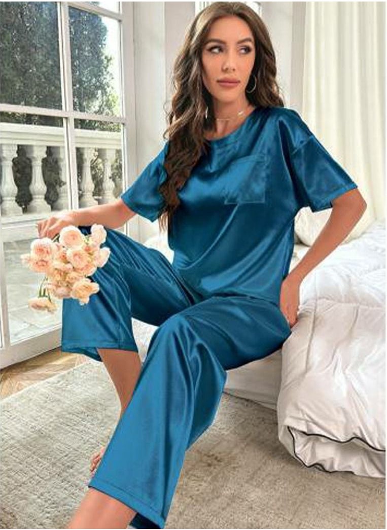 Loquat - Women's Solid Color 2-Piece Set Nightgown Sleepwear Short Sleeve Top And Pants Soft Loungewear Pajamas  Suit Indigo Blue - Image 1