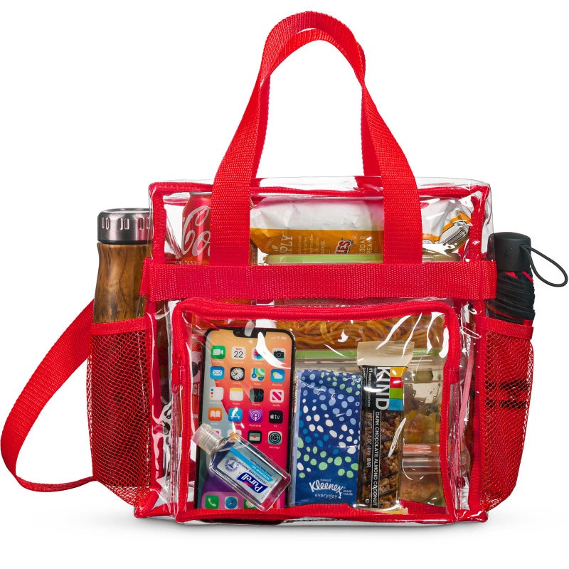 SP HOME GOODS Stadium Approved Clear lunch Bag Red with Adjustable Strap Front Storage Compartment and Mesh Pockets