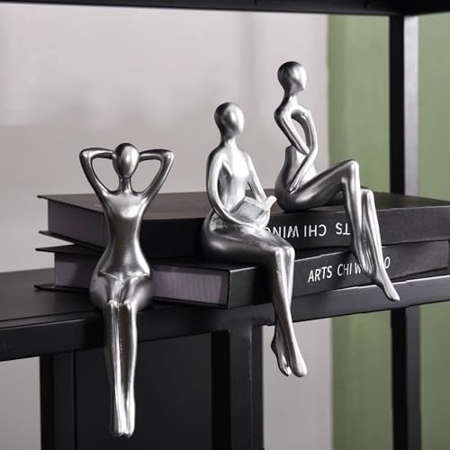 Quoowiit Thinker Statue Office Desk Decor, Silver Art Sculpture Ornament Coffee Table Bookshelf Decor Modern Home Unique Home Decorations for Living Room 3 Piece - Image 1