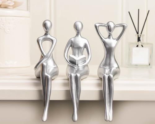Quoowiit Thinker Statue Office Desk Decor, Silver Art Sculpture Ornament Coffee Table Bookshelf Decor Modern Home Unique Home Decorations for Living Room 3 Piece - Image 2