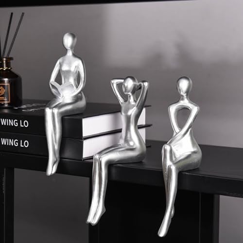 Quoowiit Thinker Statue Office Desk Decor, Silver Art Sculpture Ornament Coffee Table Bookshelf Decor Modern Home Unique Home Decorations for Living Room 3 Piece - Image 3