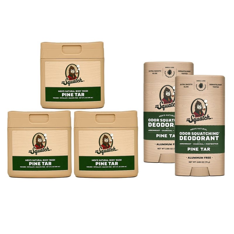مجموعة هدايا دكتور سكاتش الجديدة من غسول الجسم الطبيعي ومزيل العرق للرجال - صنوبر تار - غسول جسم غير مقشر 8 أونصات 3 عبوات - مزيل عرق خالي من الألمنيوم 2.65 أونصة 2 عبوة