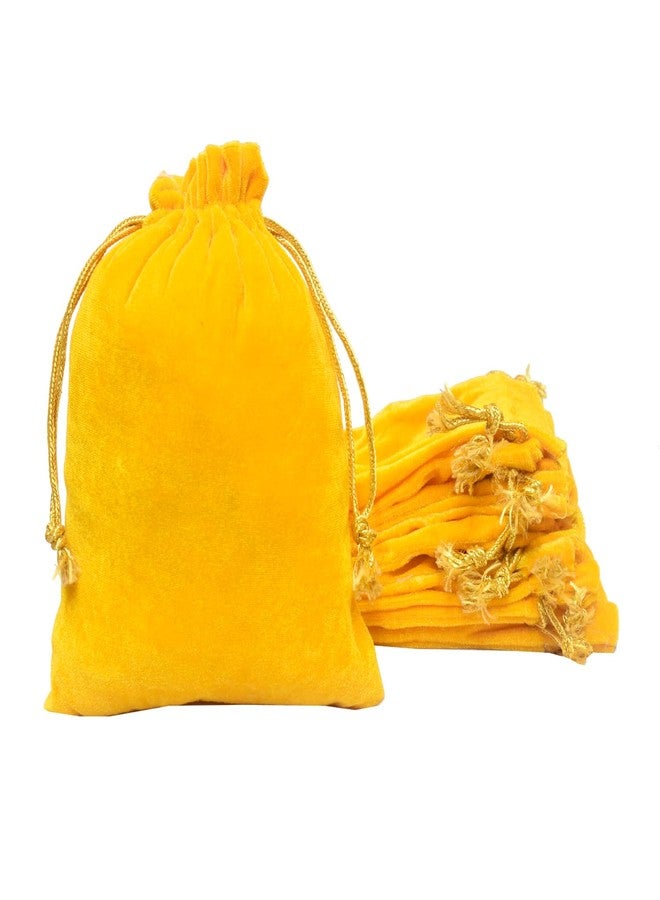Dulhan DLC set of 10 Velvet Potli Bags for Return Gifts, 5x7 inch Yellow color pouch for Wedding gifts, Women Jwellery Handbag by Dulhan - Image 1