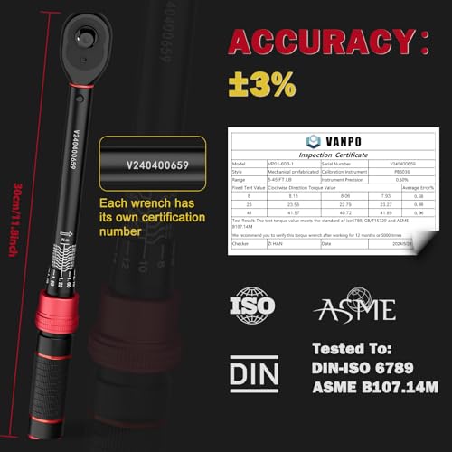 VANPO 3/8-inch Drive Click Torque Wrench, 5-45 Ft-Lb/6.8-61Nm, ±3% Accuracy, Dual-Direction, 72 Tooth, Aluminum Adjustable Torque Wrench for Bike, Motorcycle, Car Spark - Image 3