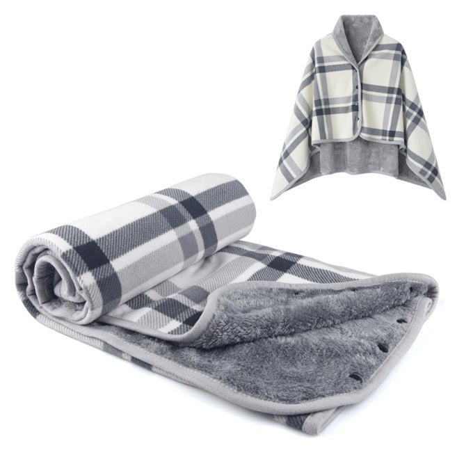 FLEECE WEARABLE BLANKET PLAID LAP BLANKET COMFY PONCHO THROW WITH BUTTONS FOR BED SOFA OFFICE GREYWHITE