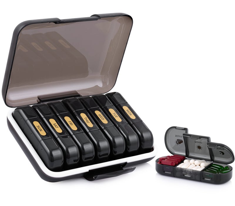 POPCUBE Premium Medicine organizer Box- Waterproof Weekly Medicine organizer- Medicine Box for home, 7 days tablet organizer For Home-Large Pill Organizer Box Case (Black, 3 Compartment) - Image 1