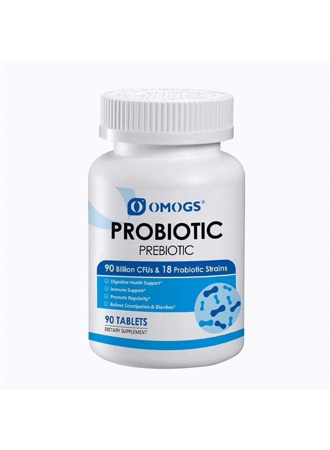 OMOGS Probiotics 90 Billion CFUs 18 Strains,with 3 Organic Prebiotic, Probiotics Supplement for Women,Men & Kids,Support Metabolism,Immunity and Digestive Health,Non-GMO & Gluten Free,90 Tablets - Image 1