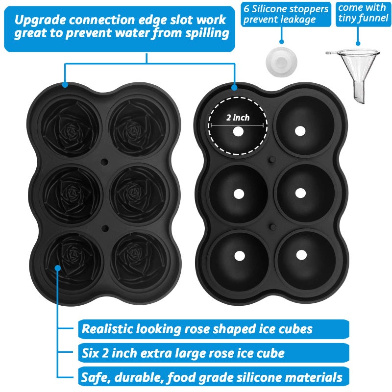 CAMKYDE Rose Ice Cube Tray 2 Inch [1 Mold + 1 Funnel + 6 Stoppers], 6 Cavity Silicone Rose Ice Cube Mold for Whiskey, Chilling Cocktails, Bourbon, Juice (Black) - Image 3