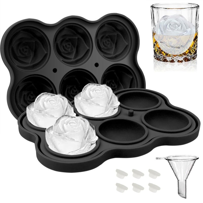 CAMKYDE Rose Ice Cube Tray 2 Inch [1 Mold + 1 Funnel + 6 Stoppers], 6 Cavity Silicone Rose Ice Cube Mold for Whiskey, Chilling Cocktails, Bourbon, Juice (Black) - Image 1