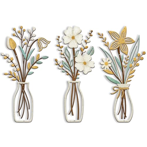 CarryWise 3 Piece Metal Flower Wall Art for Bedroom Living Room Rustic Farmhouse Floral Wall Decor for Bathroom Dining Room Boho Home Decorations Modern Minimalism Walls Hanging Sculptures(Gold Yellow White) - Image 1