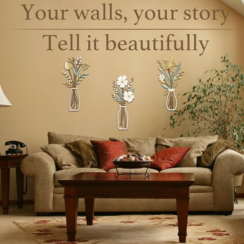 CarryWise 3 Piece Metal Flower Wall Art for Bedroom Living Room Rustic Farmhouse Floral Wall Decor for Bathroom Dining Room Boho Home Decorations Modern Minimalism Walls Hanging Sculptures(Gold Yellow White) - Image 2