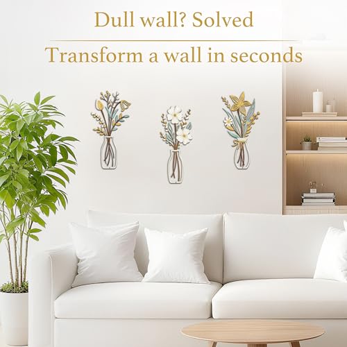 CarryWise 3 Piece Metal Flower Wall Art for Bedroom Living Room Rustic Farmhouse Floral Wall Decor for Bathroom Dining Room Boho Home Decorations Modern Minimalism Walls Hanging Sculptures(Gold Yellow White) - Image 4