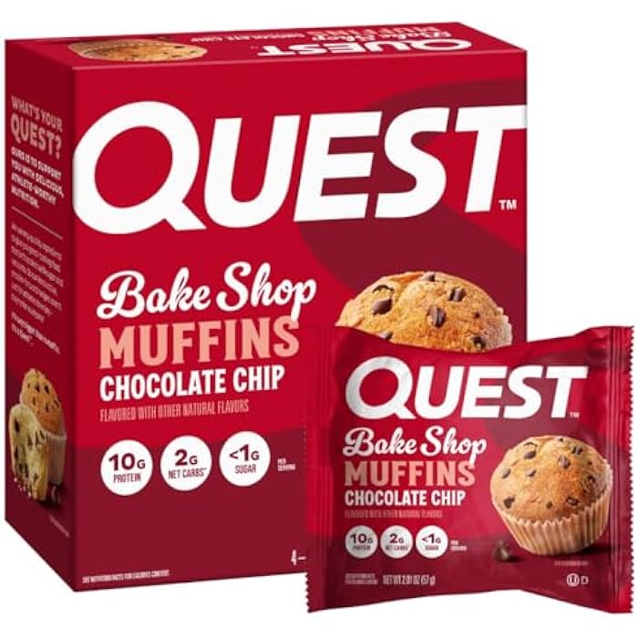 Quest Nutrition Chocolate Chip Muffin, 10g Protein, 2g Net Carb, Less than 1g Sugar, Protein Snack, 4 Count - Image 1