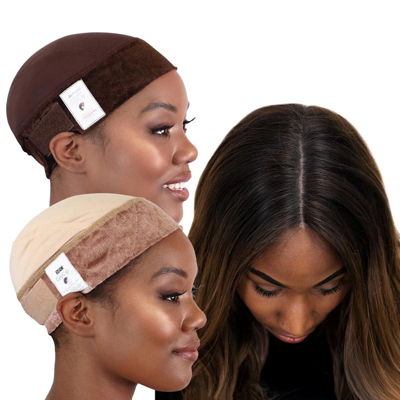 MILANO COLLECTION Wig Grip Caps for Women Adjustable No Slip Wig Cap with Grip Band BuiltIn Secure Elastic HeadBand for Lace Front Styles Chocolate Brown  Nude 2 Pack