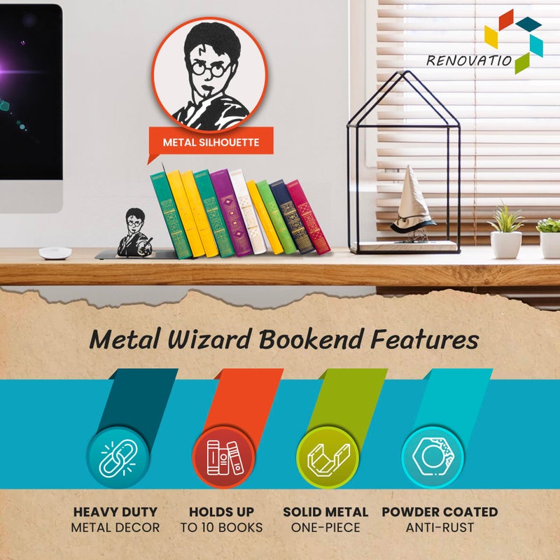 Renovatio Black Metal Bookend â€“ Cute, Unique, Geeky Decor for Home, Office & Kids Room â€“ Heavy Duty, Non-Slip Minimalist Bookends for Shelves â€“ Wizard - Image 3