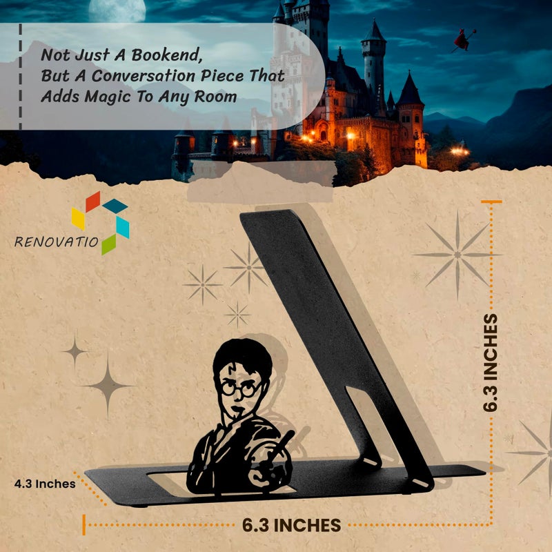 Renovatio Black Metal Bookend â€“ Cute, Unique, Geeky Decor for Home, Office & Kids Room â€“ Heavy Duty, Non-Slip Minimalist Bookends for Shelves â€“ Wizard - Image 2