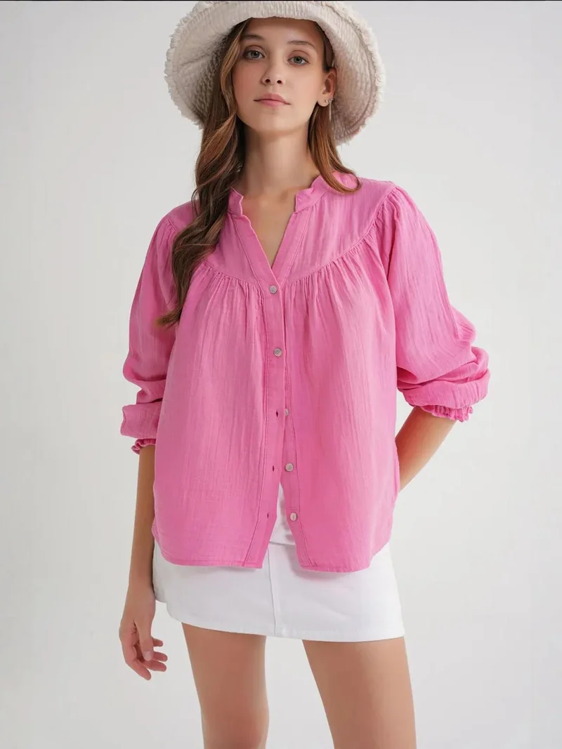 Mixray Powder Pink Mixray Cotton Mandarin Collar Button Shirt for Women | Best Price UAE