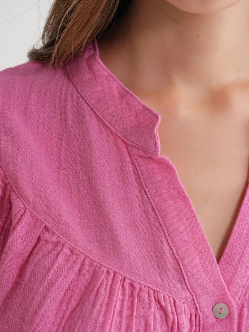 Mixray Powder Pink Mixray Cotton Mandarin Collar Button Shirt for Women | Best Price UAE