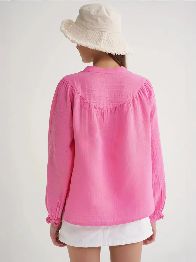 Mixray Powder Pink Mixray Cotton Mandarin Collar Button Shirt for Women | Best Price UAE