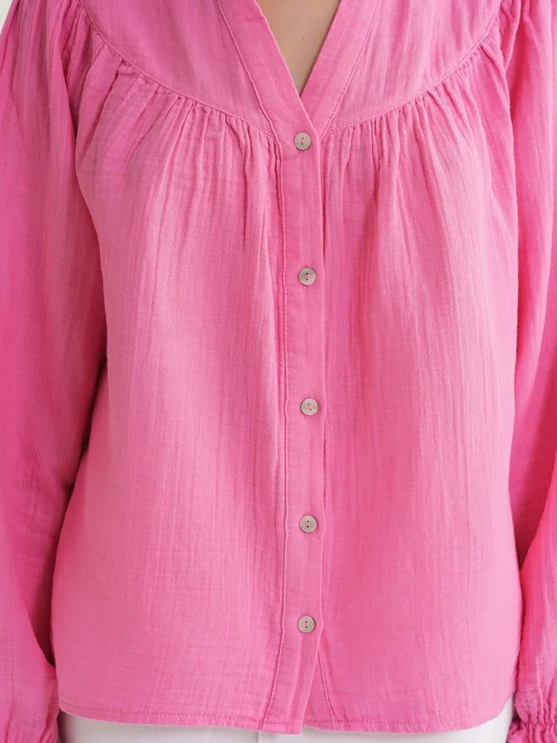 Mixray Powder Pink Mixray Cotton Mandarin Collar Button Shirt for Women | Best Price UAE