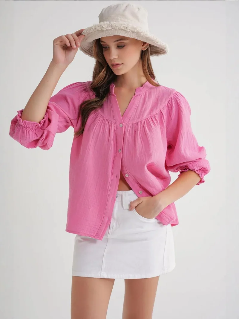Mixray Powder Pink Mixray Cotton Mandarin Collar Button Shirt for Women | Best Price UAE