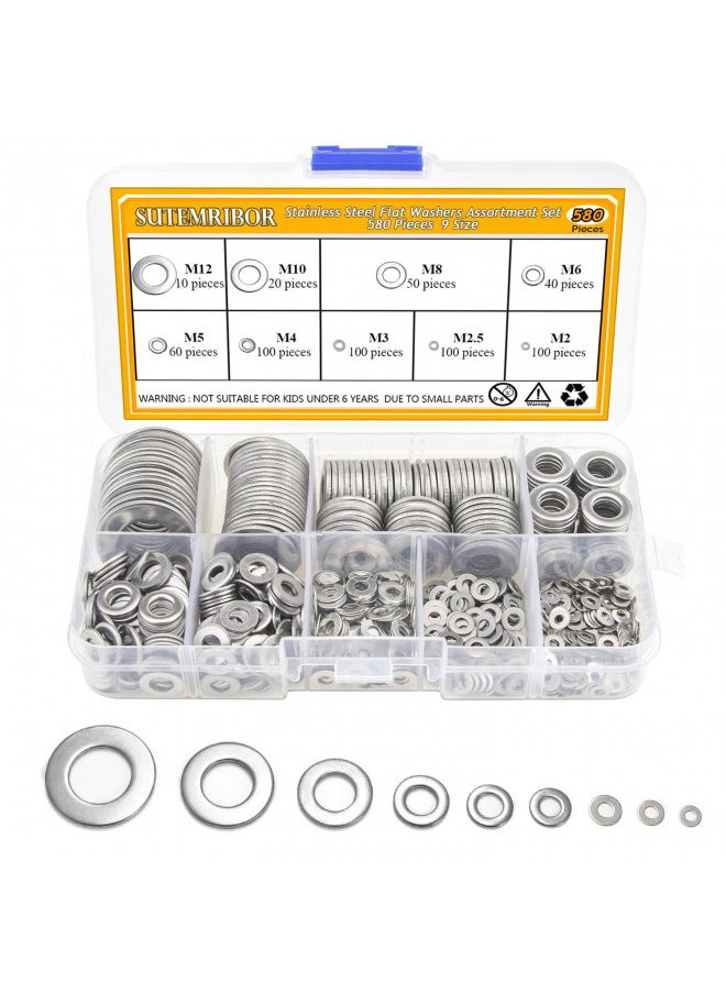 Sutemribor Sutemribor 304 Stainless Steel Flat Washers Set 580 Pieces, 9 Sizes - M2 M2.5 M3 M4 M5 M6 M8 M10 M12  - Image 4