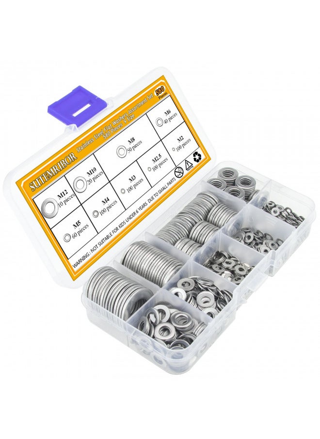 Sutemribor Sutemribor 304 Stainless Steel Flat Washers Set 580 Pieces, 9 Sizes - M2 M2.5 M3 M4 M5 M6 M8 M10 M12  - Image 1