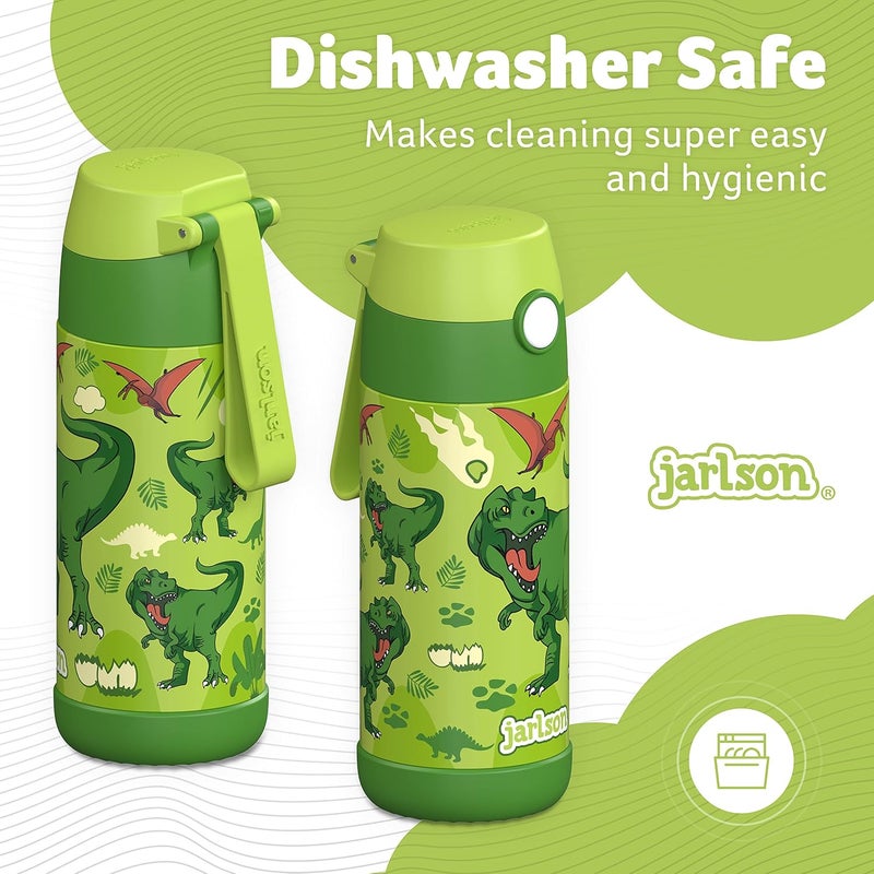 Jarlson قارورة مياه أطفال جارلسون® مالي [12 أونصة] - قارورة ترمس فولاذية مقاومة للصدأ بدون قشة - قارورة مياه معزولة مقاومة للتسرب للمدرسة والرياضة - كوب ترمس للأولاد والبنات (ديناصور) - Image 3