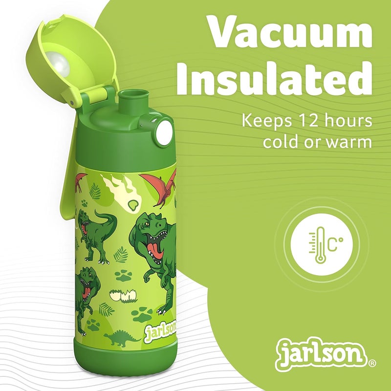 Jarlson قارورة مياه أطفال جارلسون® مالي [12 أونصة] - قارورة ترمس فولاذية مقاومة للصدأ بدون قشة - قارورة مياه معزولة مقاومة للتسرب للمدرسة والرياضة - كوب ترمس للأولاد والبنات (ديناصور) - Image 2