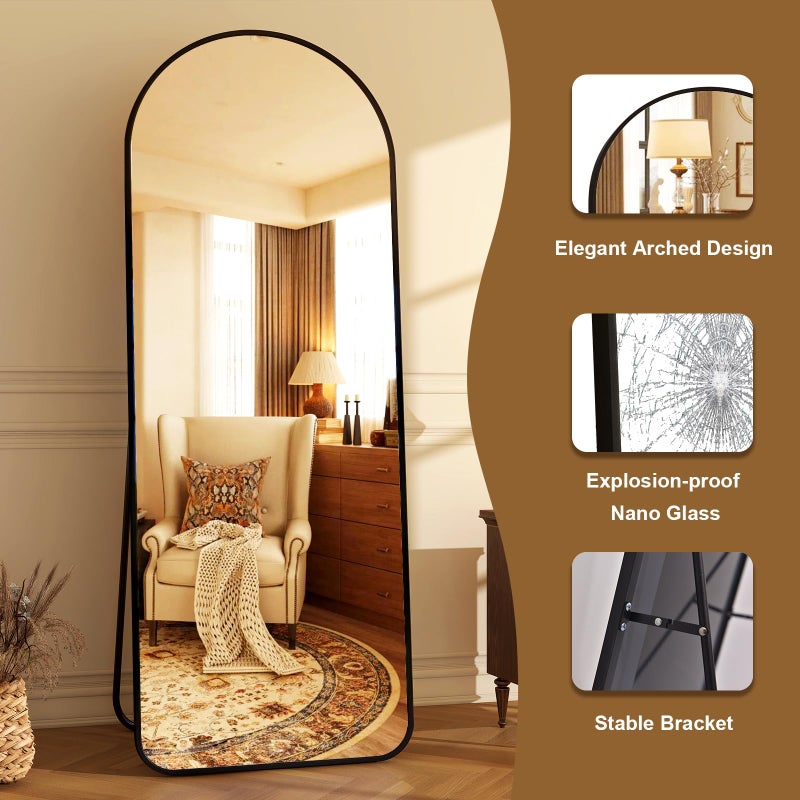 HARRITPURE 64"x21" Arched Full Length Mirror Floor Mirrors with Aluminum Alloy Frame Free-Standing Wall Mounted or Leaning Large Bedroom Dressing Mirror Modern & Contemporary Decor for Home,Black - Image 3