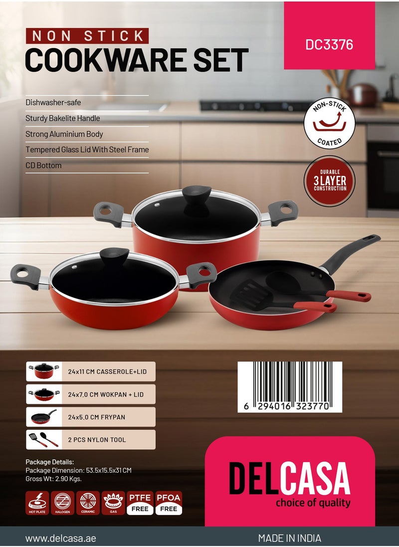 DELCASA 7 piece Non Stick Cookware Set DC3376 Tempered Glass Lids, Bakelite Knobs, and CD Bottom Includes Casserole, Wokpan, Fry Pan, and 2 Nylon Tools  - Image 2