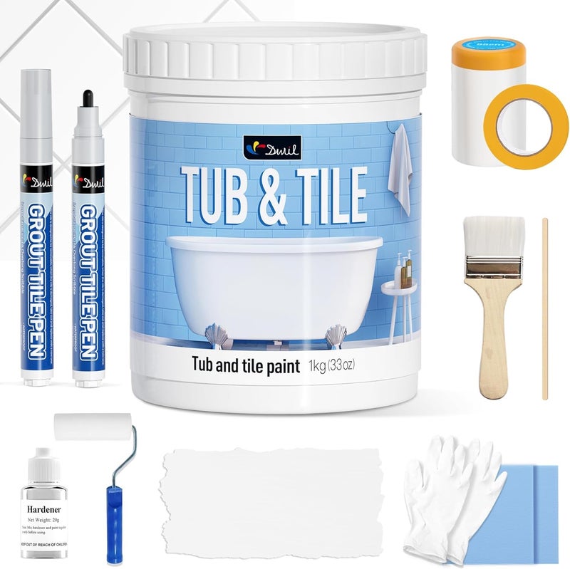 DWIL Tub Paint, Tub and Tile Refinishing Kit 33oz with Tools and 2 Grout Pen, White Bathtub Paint Water Based &Low Odor, Easy to Use Sink for Bathroom Kitchen, Semi-Gloss White, 50-55sq.ft - Image 1