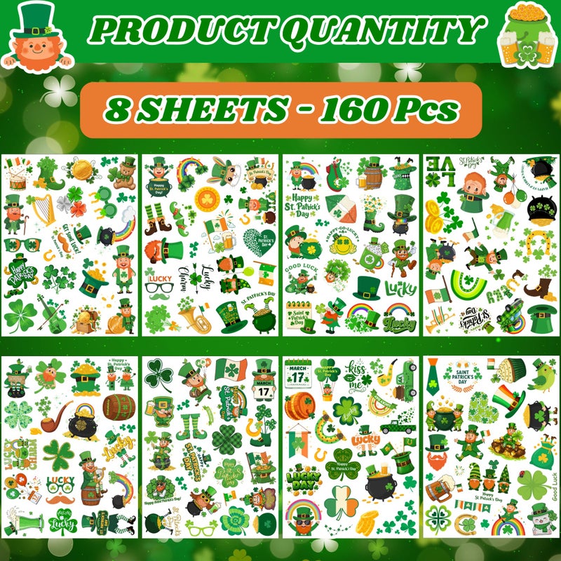 Backtopeia 160PCS St Patricks Temporary Tattoos Stickers | St Patricks Party Favors Decorations Irish Holiday Green Clover Rainbow Shamrock Party Supplies Craft Gift Idea For Kids Boy Girl Teen Adult-8sheets - Image 4