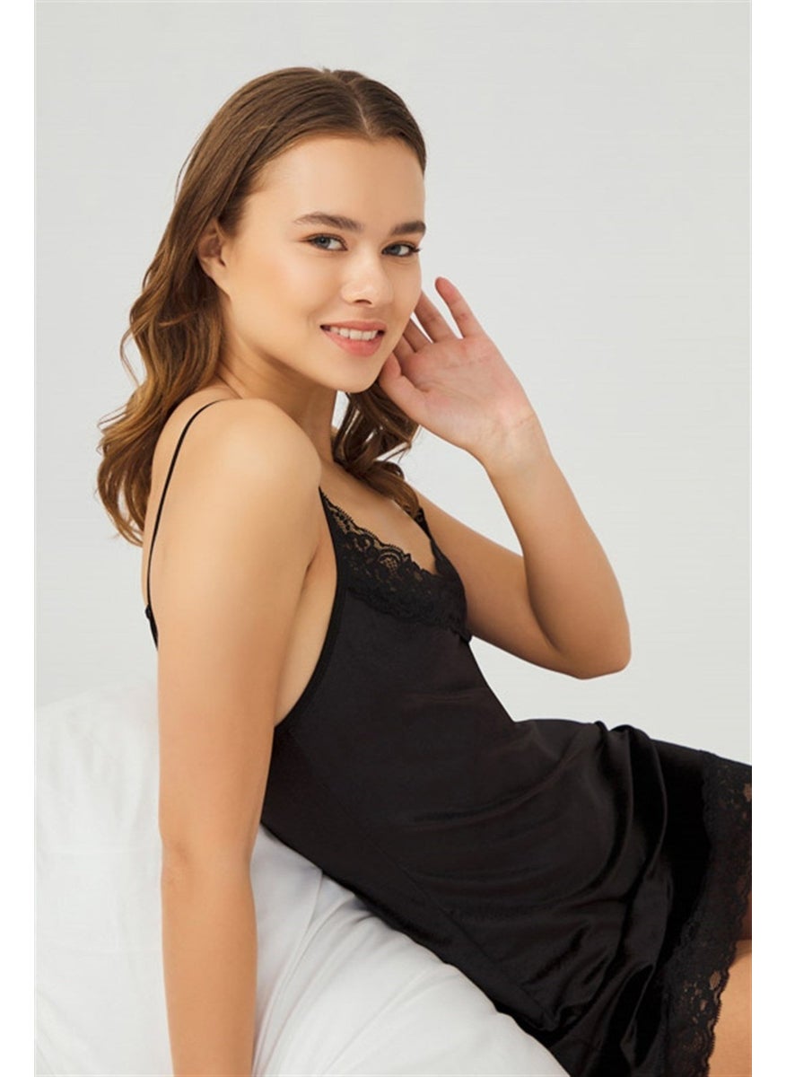 COTTONHILL Black Lace Thin Strap Velvet Women's Nightgown  - Image 3
