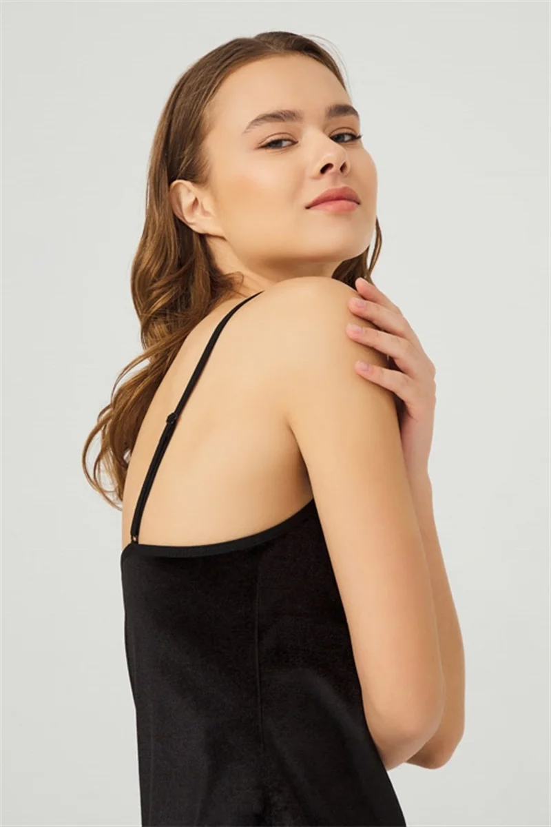 COTTONHILL Black Lace Thin Strap Velvet Women's Nightgown