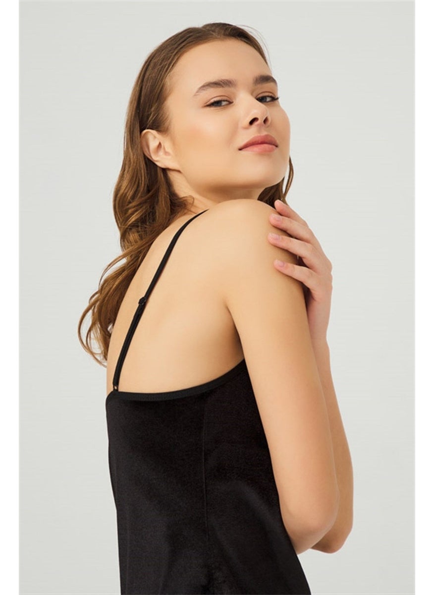 COTTONHILL Black Lace Thin Strap Velvet Women's Nightgown  - Image 4