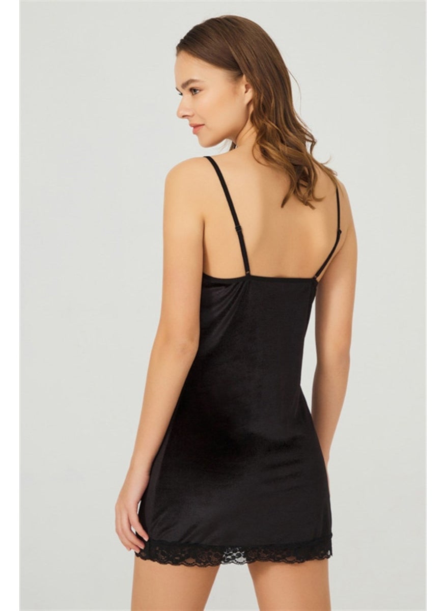 COTTONHILL Black Lace Thin Strap Velvet Women's Nightgown  - Image 2