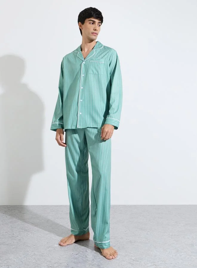 Green Striped Piped Trims Shirt and Straight Leg pants Pyjama Set