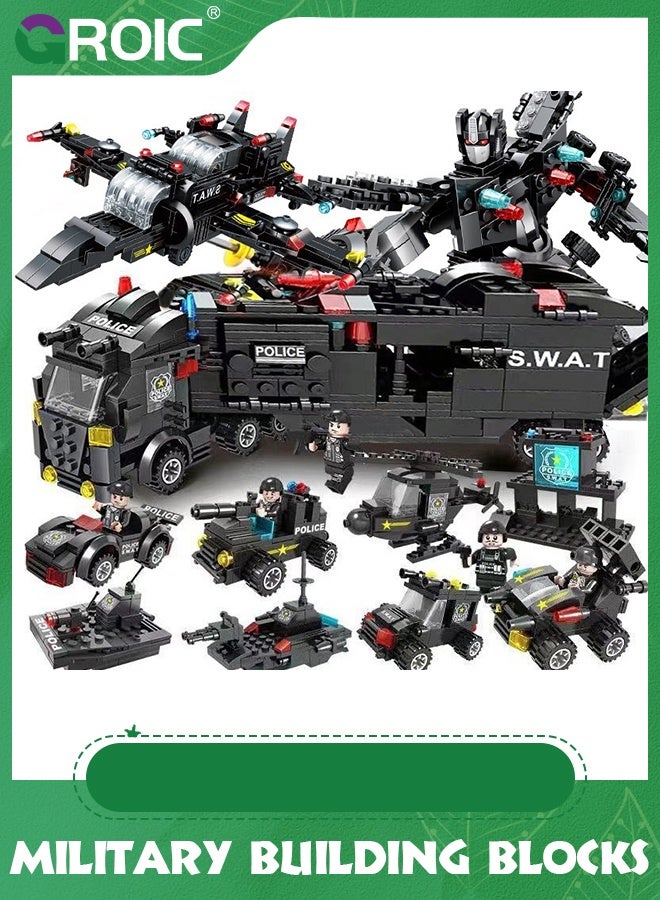 GROIC 8 IN 3 City Police Station Building Kit,Police SWAT Mobile Command Center Truck Toy Building Set,with Police Station Toy, Police Car Toy, Helicopter Toy,Fun Roleplay Police Toys  - Image 1