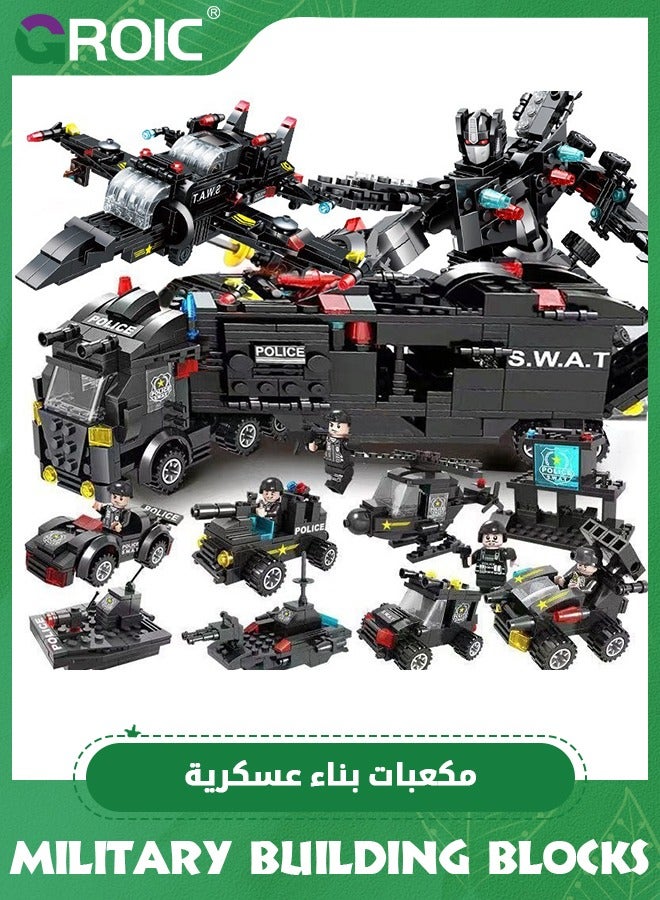 GROIC 8 IN 3 City Police Station Building Kit,Police SWAT Mobile Command Center Truck Toy Building Set,with Police Station Toy, Police Car Toy, Helicopter Toy,Fun Roleplay Police Toys  - Image 1