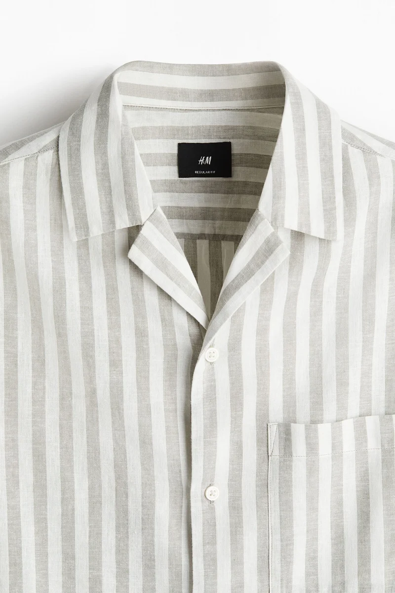 اتش اند ام قميص كتان قصير الأكمام بقصة عادية