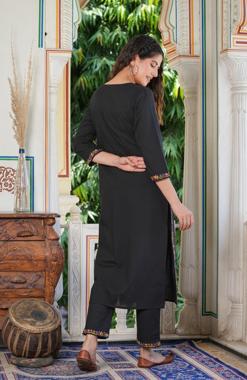 Yash Gallery Cotton Women's Black Chikankari Printed Regular Fit Straight Kurta with Pant Set (Black, 3XL) - Image 4