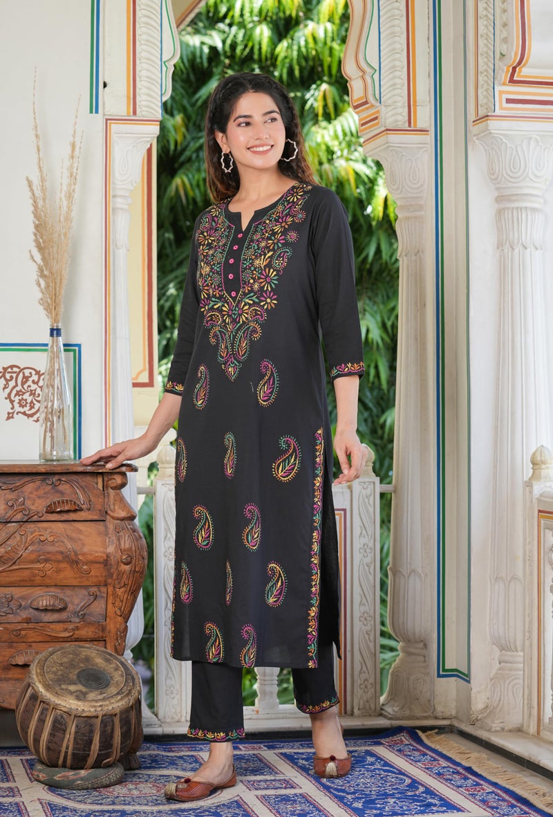 Yash Gallery Cotton Women's Black Chikankari Printed Regular Fit Straight Kurta with Pant Set (Black, 3XL) - Image 2