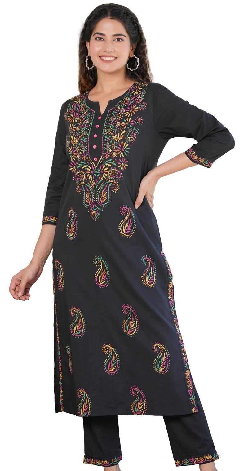 Yash Gallery Cotton Women's Black Chikankari Printed Regular Fit Straight Kurta with Pant Set (Black, 3XL) - Image 1