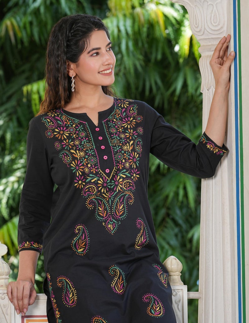 Yash Gallery Cotton Women's Black Chikankari Printed Regular Fit Straight Kurta with Pant Set (Black, 3XL) - Image 5